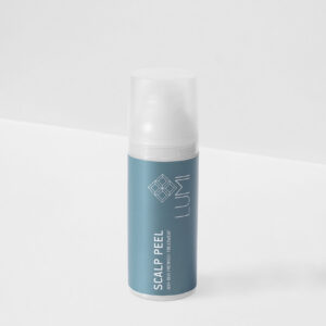 Product image of LUMI's Scalp Peel, an AHA+BHA pre-wash treatment in sleek blue packaging with white text and a transparent cap, placed on a minimal white background. Peanahahooldus Scalp Peeliga.